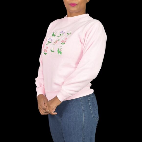 Vintage PBJ Embroidered Sweatshirt Pink Flowers Floral Garden 80s Pastel Small - Picture 3 of 16